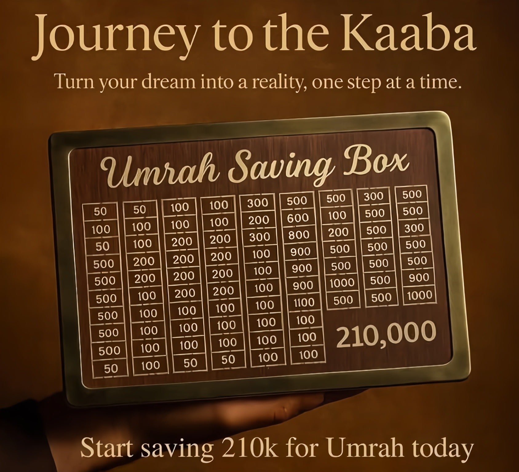 Wooden Umrah & Hajj Target Savings Box – 280 Days Daily Islamic Pilgrimage Money Box