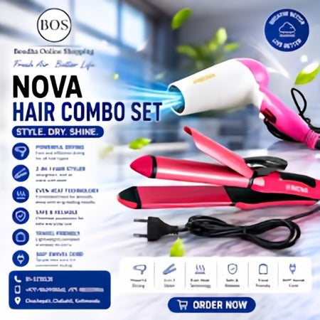 Ultimate Hair Styling Salon Combo – High-Speed Hair Dryer + 2-in-1 Straightener & Curler