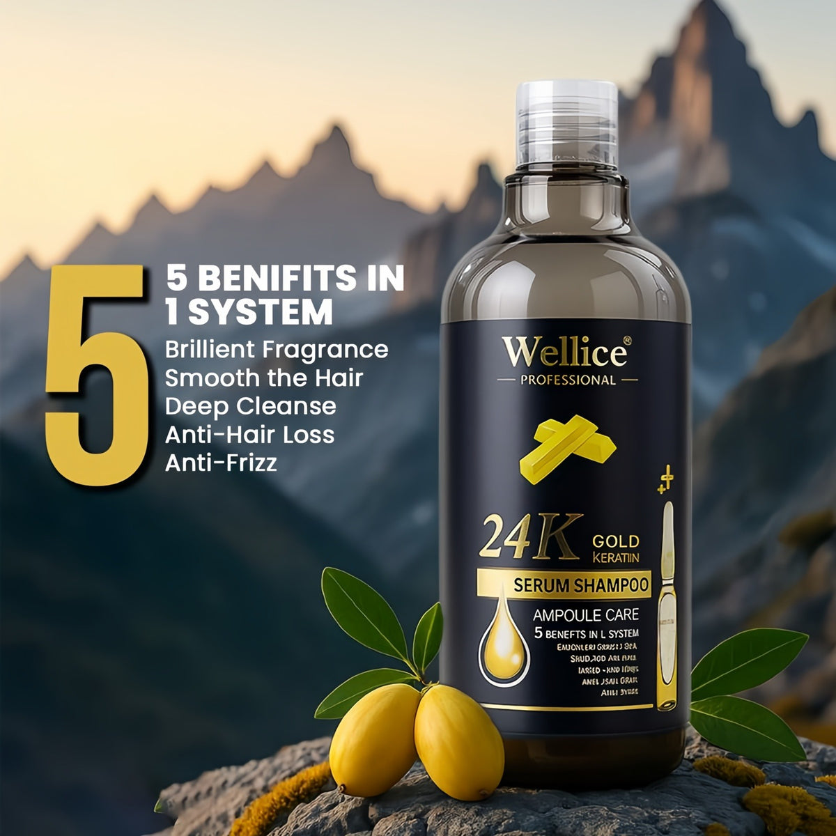 Original Wellice 24k Gold Keratin Serum Shampoo – Anti-Hair Loss & Smooth Frizz Control