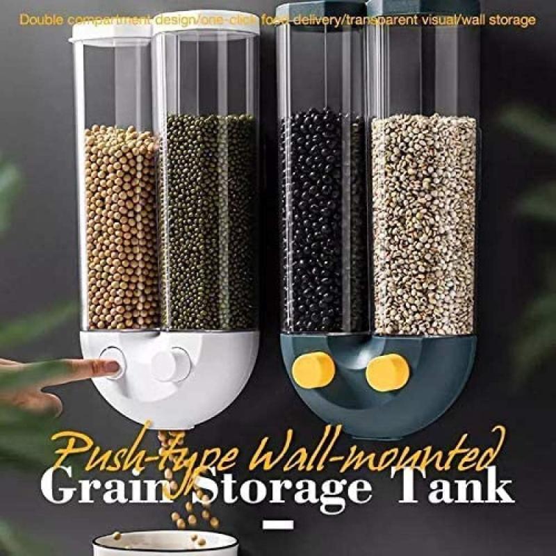 Wall Mounted Dual Compartment Cereal Storage Dispenser – Push Type Sealed Grain Tank