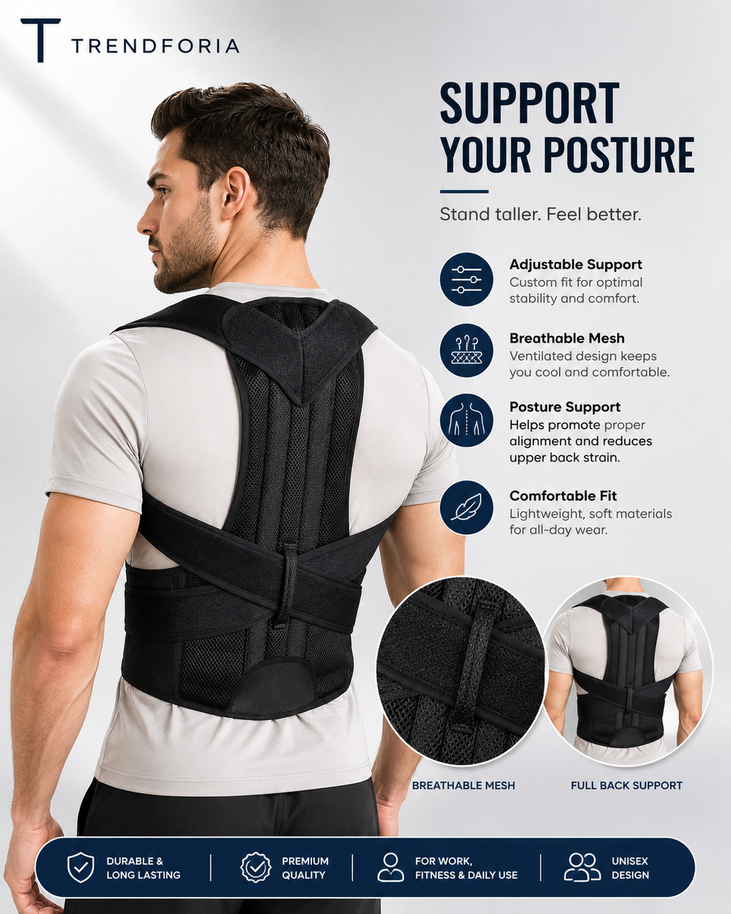 Premium Adjustable Back Posture Corrector Belt for Men & Women – Instant Back & Shoulder Pain Relief Brace