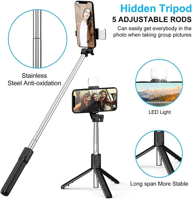 4-in-1 Bluetooth Selfie Stick Tripod Stand – 700mm Extendable Vlog Pole with LED Fill Light