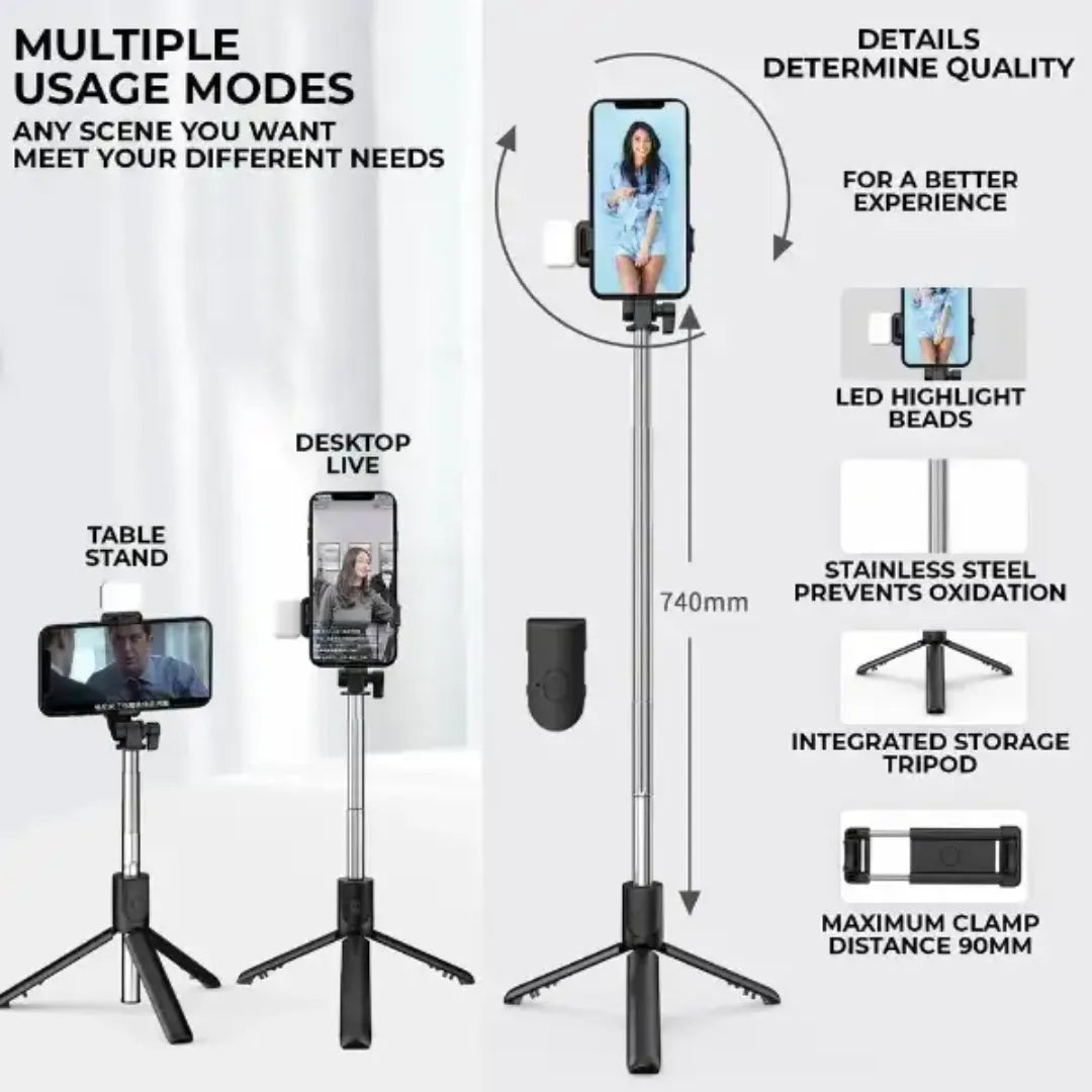 4-in-1 Bluetooth Selfie Stick Tripod Stand – 700mm Extendable Vlog Pole with LED Fill Light