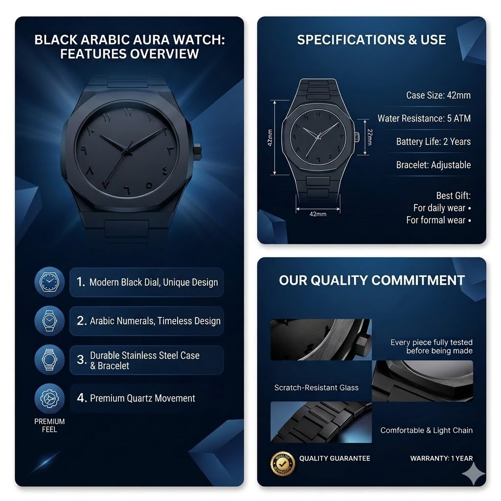 Black Arabic Aura Wrist Watch – Lightweight Fiber Plastic Trendy Timepiece